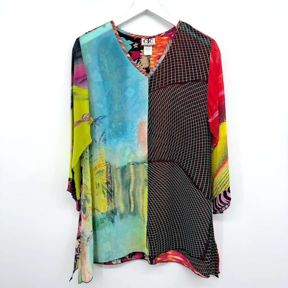 Vintage Patchwork Tunic Top Shirt Size S M Sheer Chiffon 3/4 Sleeve Artsy Boho